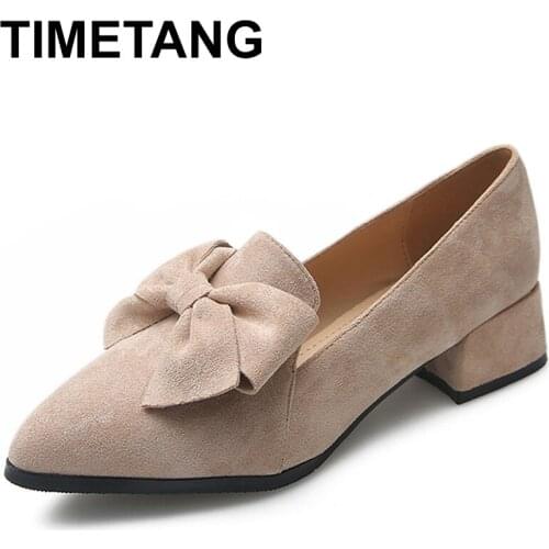 TIMETANG Autumn Spring Faux Suede Womens Pumps Pointed Toe Bow Front Block Heels For Ladies Black Career Office Work ShoesE878