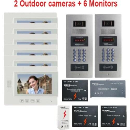 2 Doors New Arrival Building Multi-apartment 7" TFT Monitor Video Door Phone Video Intercom System for 6 Homes Password&ID Card