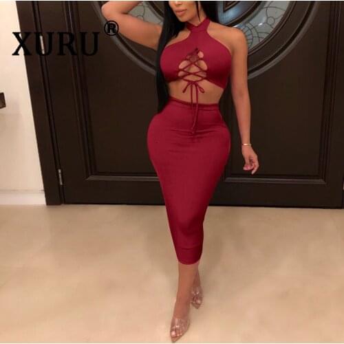 XURU Summer New Sexy Bandage Womens Dress Two-Piece Open Back Pencil Hot Sale Dress White Blue Black Burgundy Dress