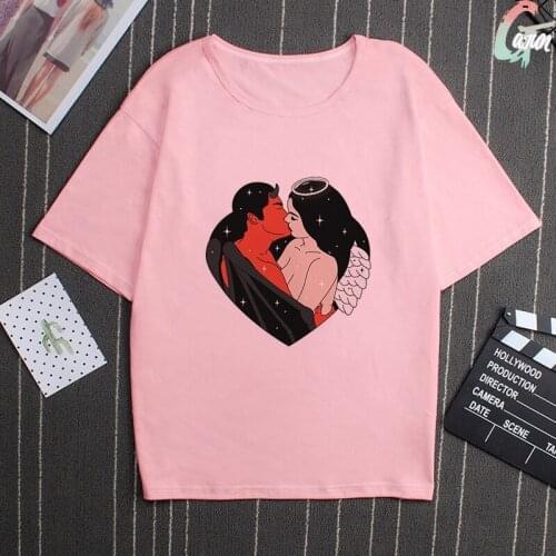 Summer Pink Love&Hell Print T-shirt Chic Harajuku Vintage Kiss Me Large Size T Shirt Loose Fashion Angel&Devil Tshirt Women Top