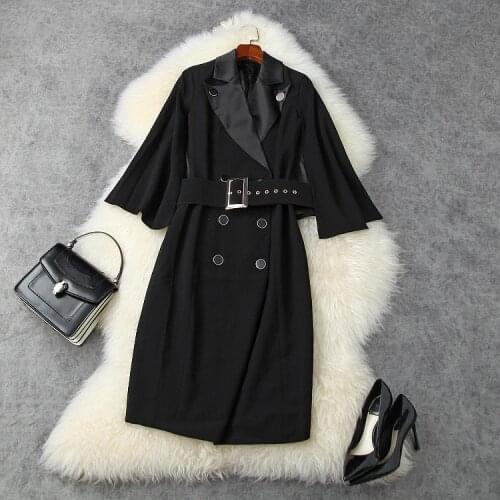 Womens American European and wear 2021 autumn new style Suit neck with seven-point sleeves double-breasted Fashion belt dress