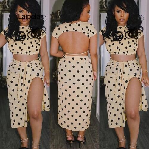 Spring Summer Women Fashion Polka Dot Printed Backless Short Sleeve Crop Top Bowknot Split Skirt Suits Two Piece Set