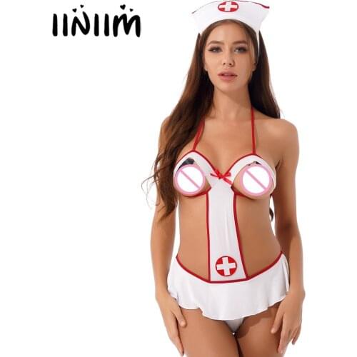 Women Nurse Costume Role Play Sexy Dress Nightwear Hollow Out Halter Lace-up Ruffled Lingerie Cosplay Uniform Bodysuit with Hat
