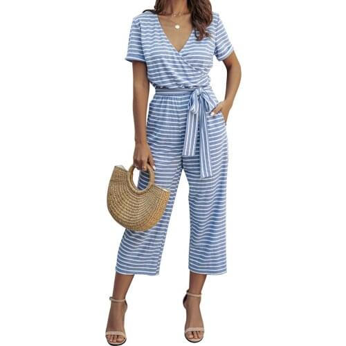 Women Casual Loose Striped V-neck Jumpsuits Romper With Pocket Badage Waist Short Sleeve Summer Womens Girls Stylish Overalls