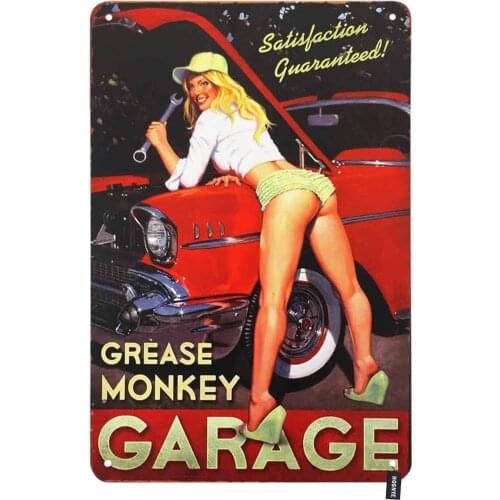Garaje Pin Up chica signo Vintage coche con culo Sexy mujer coche rojo carteles de hojalata Vintage para hombres, arte de la