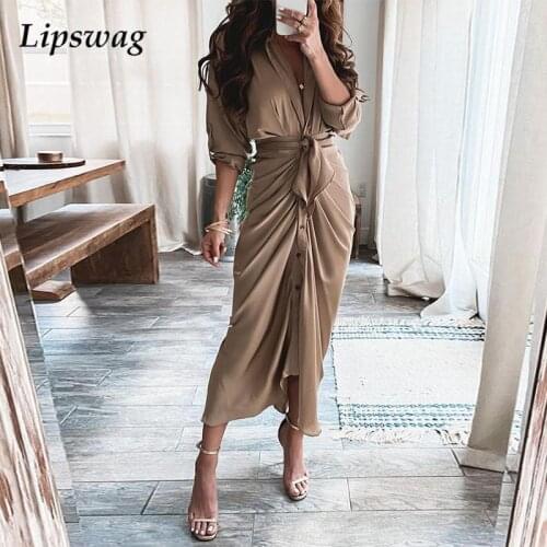 Women Button V-Neck Casual Dress Office Lady Fashion Lace-Up Draped Shirt Long Dress Autumn Spring Long Sleeve Solid Party Dress