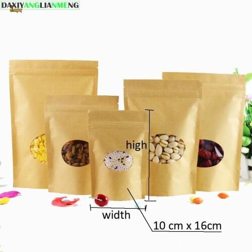 100pcs/lot 8 sizes Kraft Paper Packaging bag Transparant round windows Stand Up Zipper Packing Bags zipper lock Retailer Package