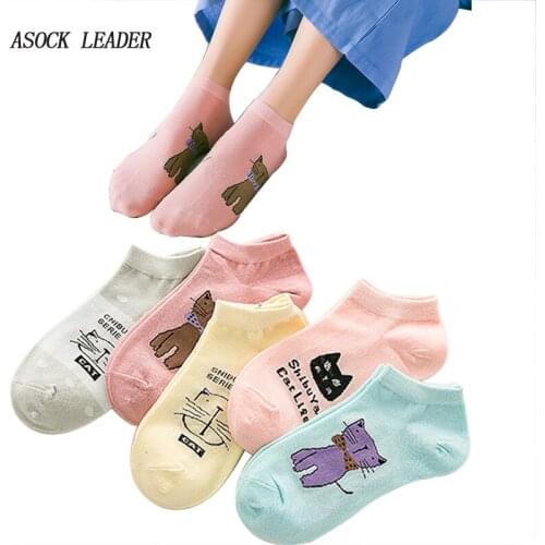 5 Pairs/Lot 5 Colors Spring&Summer New Cotton Womens Sock Candy Color Cartoon Cat Short Sock Trendy Boat Socks