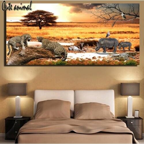African Elephant and leopard Sunset Scenery painting diamond painting Cross stitch handmade Embroidery full round square mosaic
