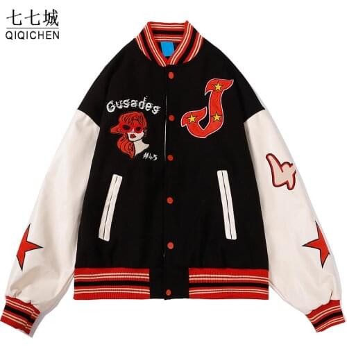 Hip Hop Baseball Jacket Men Cartoon Embroidery Streetwear Varsity Jackets Women Patchwork Oversized Bomber Coat Unisex 2021