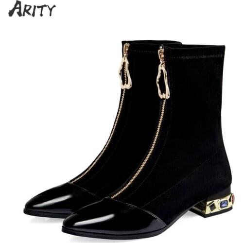 Arity Pointed Toe Ankle Boots for Women Front Zip Female Booties Low Heel Sexy Ladies Shoes