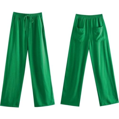 Women Green Color Pockets Casual Straight Pants Female Chic Elastic Waist Lace Up Summer Long Trousers