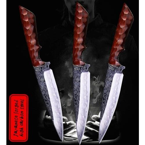 Damask steel redwood handle straight knife, Japanese outdoor knife, fishing kill knife, tactical hunting knife jungle knife