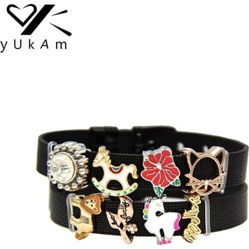 YUKAM Jewelry Slider Enamel Hobbyhorse Red Flower Cat Lion Believe Horse Slide Charms Keeper for Bracelet DIY Accessories Making