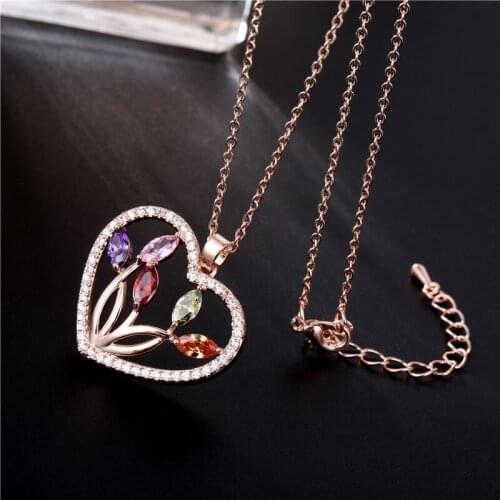 FYM Fashion High Quality Rose Gold Color Heart Shape Cubic Zirconia Wedding Necklaces Crystal Jewelry Statement For Party