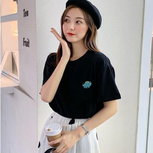 Harajuku funny cartoon embroidery t shirt summer short sleeve casual loose Tshirt korean ulzzang Women T-shirts pink tops