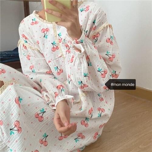 Cherry Print Kawaii Sleepwear Nightgown Loose Korean Casual Cotton Soft Homewear Kawaii Elegant Nightwear Lace Patchwork Buttons