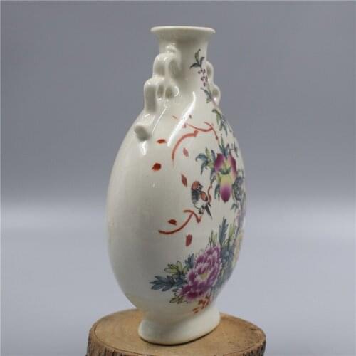 Chinese Old Porcelain Famille Rose Porcelain Double Ear Vase Painting Longevity Peach Bottle