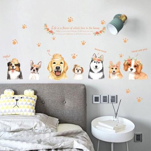 Creative Hand Painted Cartoon Animal Dog Wall Stickers Cute Kids Bedroom Pet Shop Glass Decoration Wall Decals