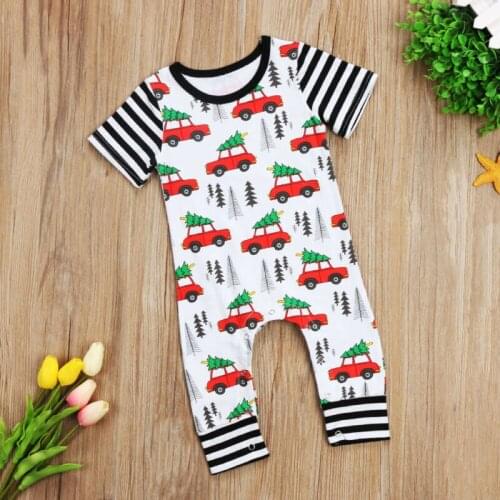 Summer Newborn Infant Babys Boys Girls Short Sleeve Romper Jumpsuit Outfits Toddler Striped Car Print Suit