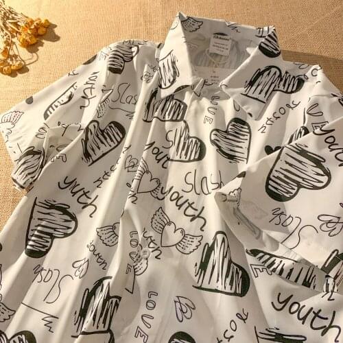 Summer Beach Harajuku Color Heart Print Casual Shirts Graffiti Men Shirts Trends Half Sleeve Male American Vintage Loose Clothes