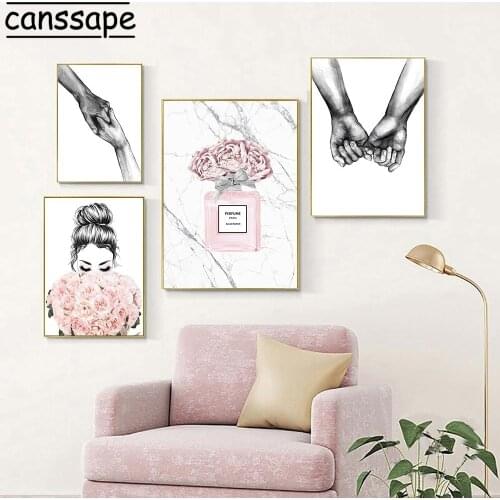 Fashion Canvas Painting Hand In Hand Poster Flower Girl Wall Art Print Perfume Bottle Posters Wall Pictures Girl Room Decor