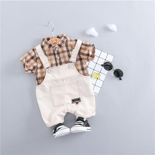 Fashiona Summer Toddler Infant Clothing Baby Girls Boys Clothes Sets Plaid Shirt Bib Pants 2pcs/Sets Kids Children Costume Suits