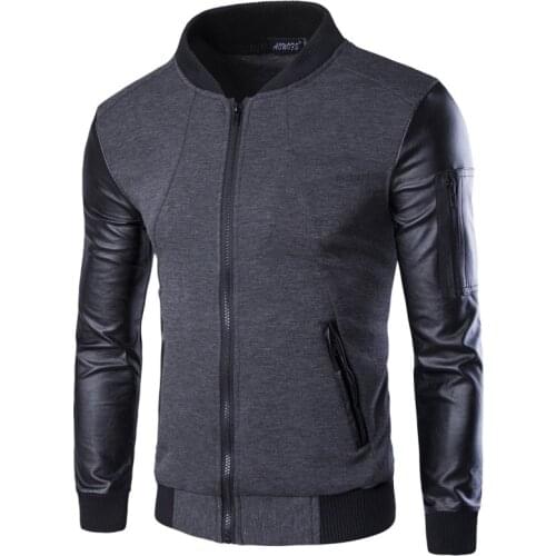 Spring men jacket fashion leather sleeve patchwork baseball jacket Autumn mens PU bomber coat high quality slim zipper Cardigan