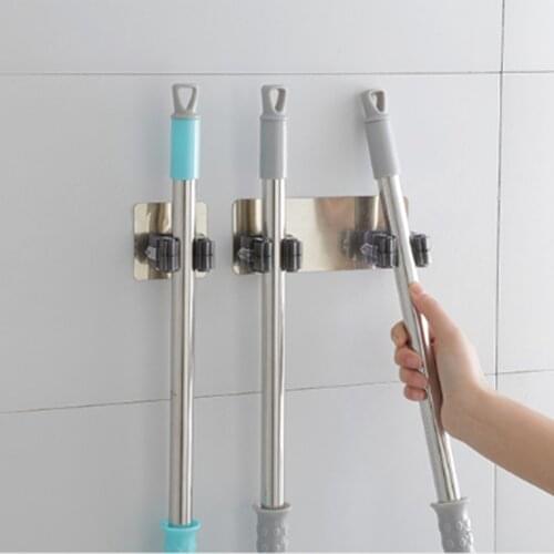 Mop Broom Holder Wall Mounted Powerful Magic Sticker Hook Stainless Steel Hanger Hook Racks Nail-Free Mop Holder Organizer