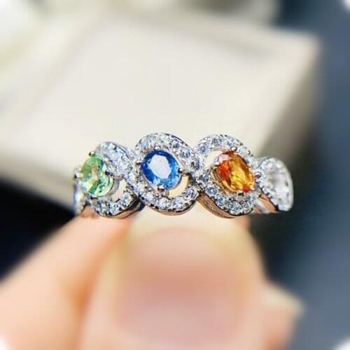 Natural real colorful sapphire ring Per jewelry 925 sterling silver 3*4mm 0.3ct*3pcs gemstone Fine jewelry T214169