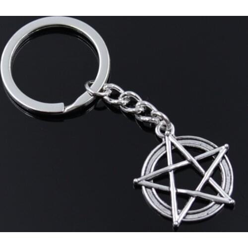 New Fashion Men 30mm Keychain DIY Metal Holder Chain Vintage Star Pentagram 31x27mm Silver Color Pendant Car Keychain Gift