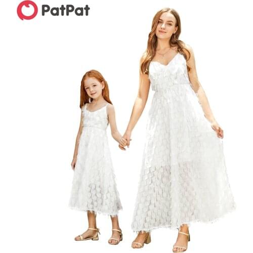 PatPat 2020 New Summer Fluffy Matching Long Dresses for Mommy and Me Matching Outfits Sleeveless Suspender Dresses