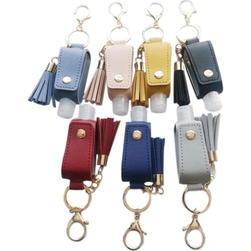 1PC 30ml Portable Empty Leakproof Plastic Travel Bottle for Hand Sanitizer with Tassels Leather Keychain Holder Carriers
