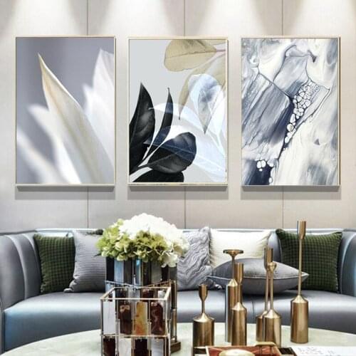 Gray abstract painting Scandinavian marble poster black leaf plant wall art canvas painting poster print living room decoration