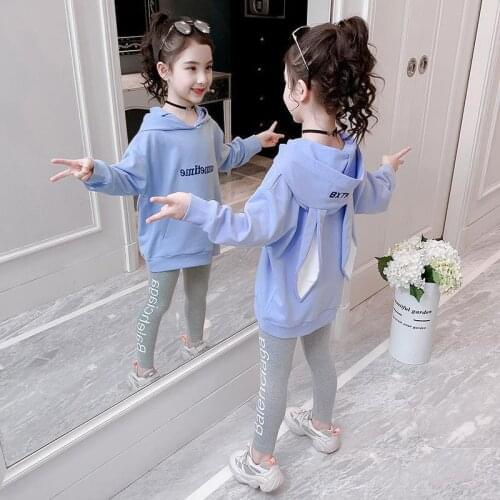 Girls sports suit children spring autumn fashionable 2020 new kids rabbitears hoodie + gray Leggings two-piece suit 3 -12 years