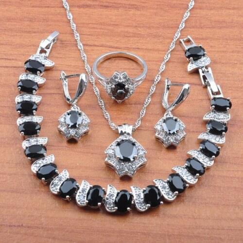 Top Hot Black Zirconia Crystal Silver Color Jewelry Set For Women Earrings Necklace Pendant Rings Bracelet Set JS0481
