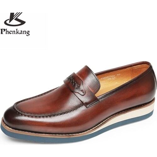 Men Leather Shoes Business Dress Suit Shoes Men Brand Bullock Platform Genuine Leather Black Slipon Wedding Mens Shoes Phenkang