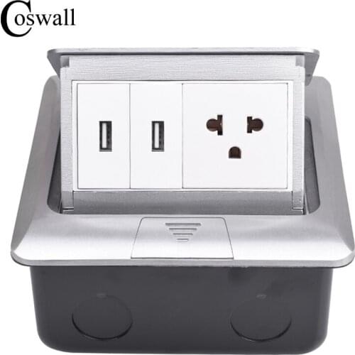 Coswall All Aluminum Silver Panel Pop Up Floor Socket 15A US Standard Power Outlet With Dual USB Charge Port