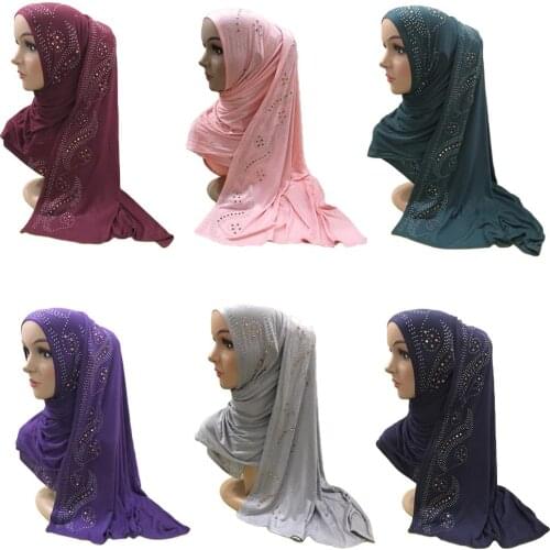 Women Muslim Long Scarf Rhinestone Head Cover Wrap Cotton Hijab Shawls Stoles Islamic Prayer Hat Turban Arab Headscarf 160*50cm