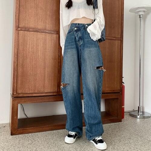 TWOTWINSTYLE Casual Loose Asymmetrical Women Wide Leg Jeans High Waist Irregular Full Length Denim Pants Female Fashion Clothes
