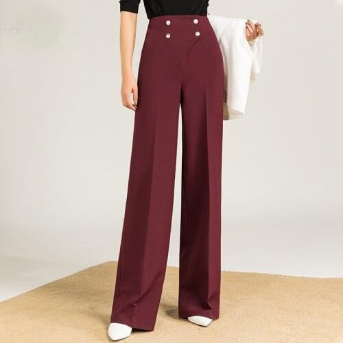 2021 Spring Fall Female Womens Clothing High Waisted Double Breasted Button Fly Wine Red Pants , Wide Leg Pants for Woman