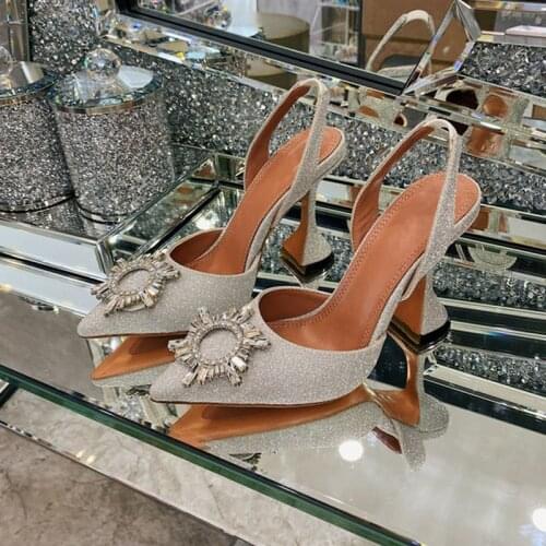 Real Lether rhinestones sun flower high heel slingback woman shoes pointed toe INS hot woman high heel crystal sun flower shoes