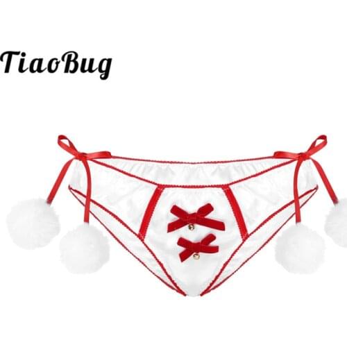 TiaoBug Women Christmas Satin Lingerie Briefs Thongs Low Rise Bowknots Bell Fuzzy Ball Sexy Panties Festival Rave Underwear