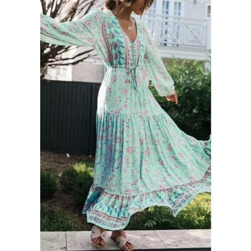 Green Flroal Print Bohemian Long Women Dress 2020 Autumn V-neck Long-Sleeved Lace-up Dress Woman Waist Boho Dress Vestidos
