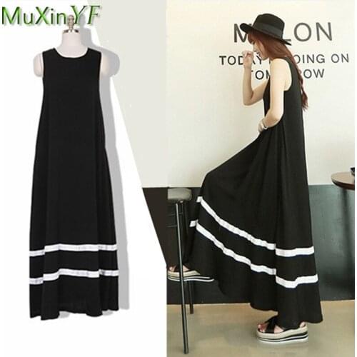 Womens Large Size Modal Vest Long Dress 2021 Korean Casual Loose Stripe Big Hem Sleeveless Dresses Lady Outside Travel Clothing