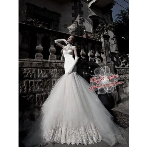 High neck cap sleeve mermaid wedding dress 2016 see through back pearls new hot sexy appliques vestido de noiva Brides dresses