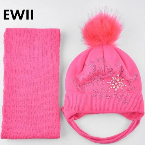 Pearls knitted beanie winter hats for girls faux fur pompom cap kids scarf set caps children warm ear flap hat chapeu bone