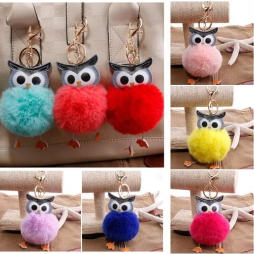 10pcs/lot New Pompom Owl Keychain Pompom Key Chain Rabbit Fur Ball pompon Porte Clef Fluffy Leather Key Ring Accessories Jewelry