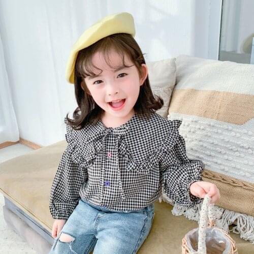 Baby Girls Blouse Spring Korean Plaid Long Sleeve Tops for Girl Kids Clothing Large Lapel Fashion Children Shirts New Arrival