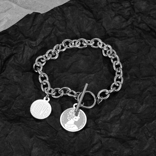 Bracelet Bangel Stainless Steel Coin Round Pendant Link Chain Vintage Jewelry Gift for Women